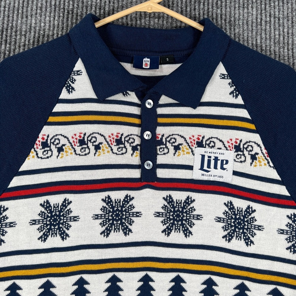 Miller Lite Ugly Christmas‎ Sweater Shirt Polo Mens Small Short Sleeve Collared